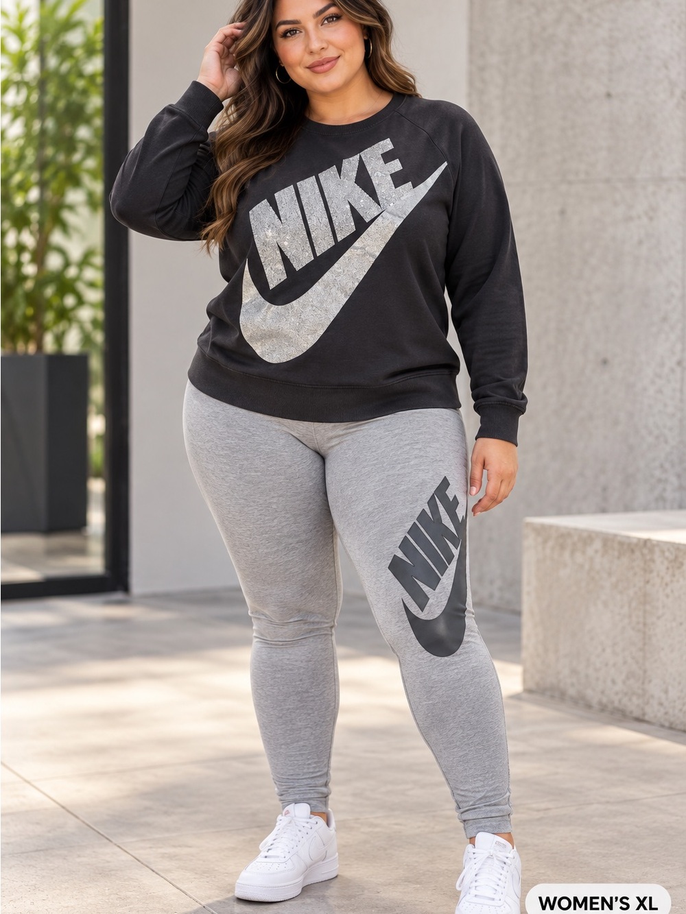 Nike Women’s XL Gray Leggings with black crewneck outfit